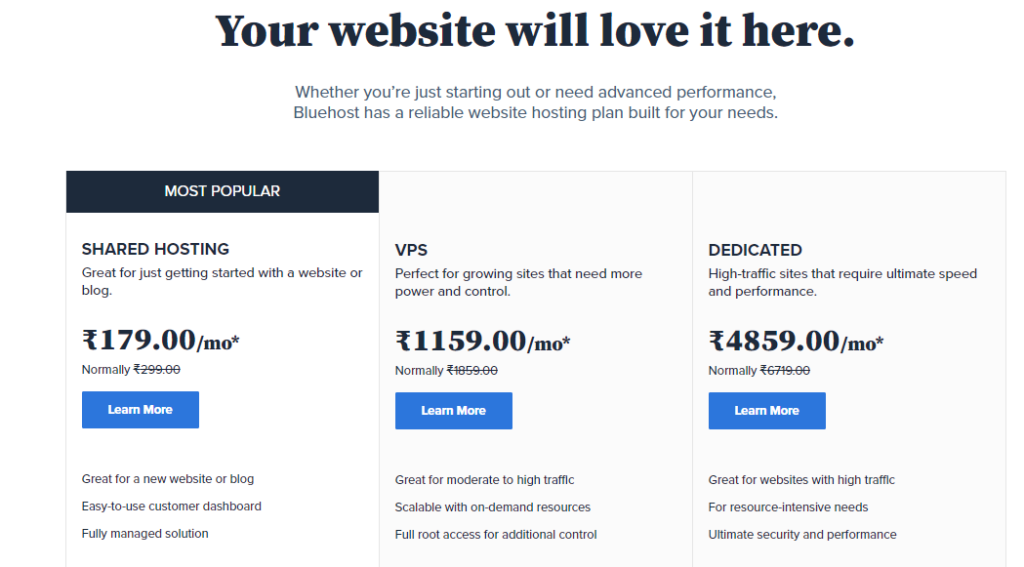 Bluehost India Web Hosting Plans
